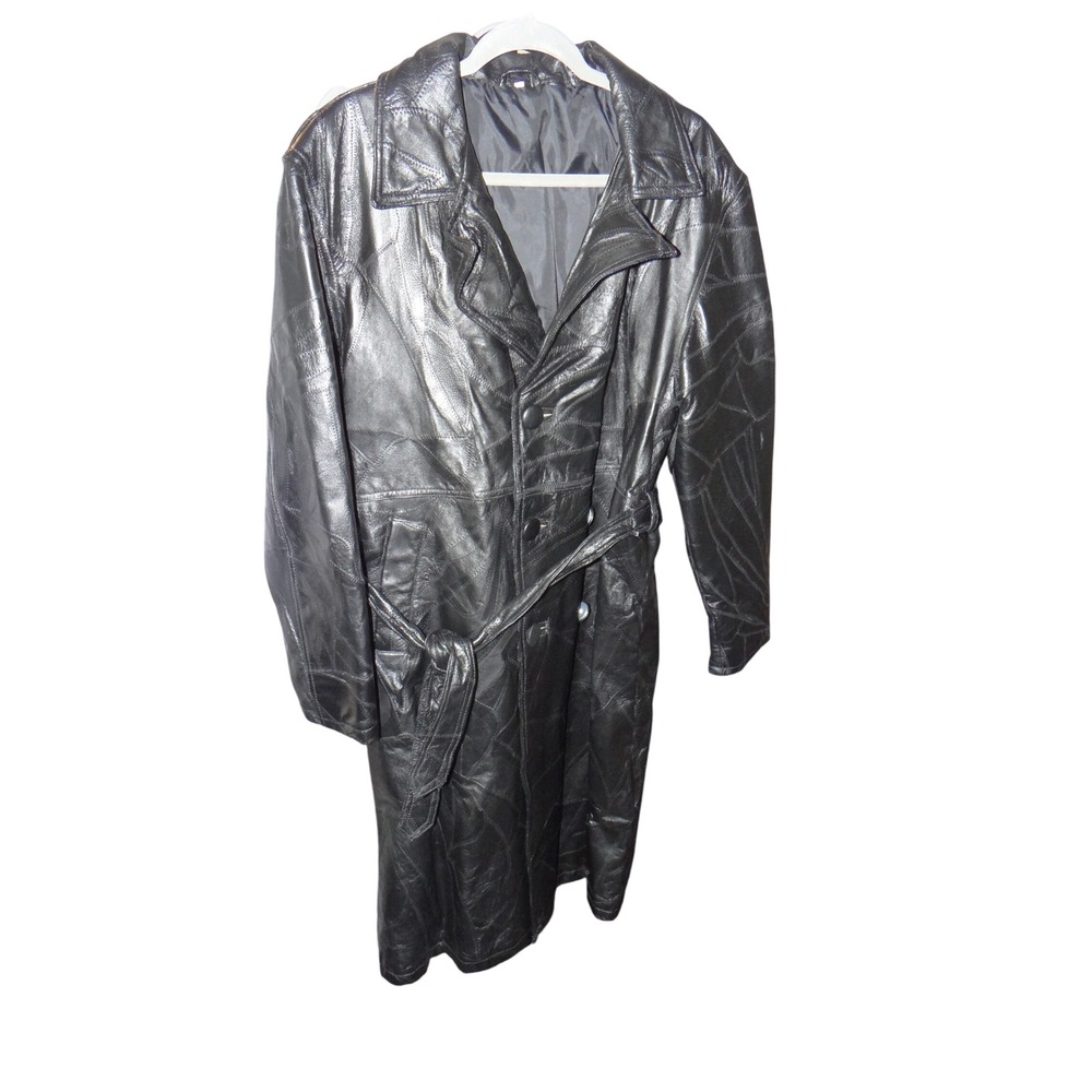 Vintage Black Patchwork Leather Trench Coat Belted Long Jacket Mens Large 4172